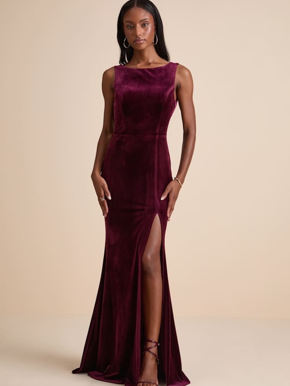 Lulu's Wine Velvet Backless Evening Gown with Thigh Slit